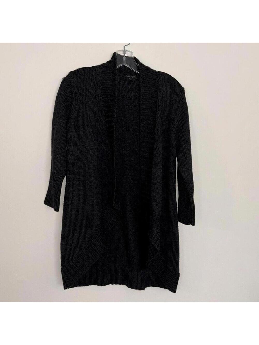 EILEEN fisher Charcoal Grey Black Open Front Cardigan Sweater Jacket 100% Wool